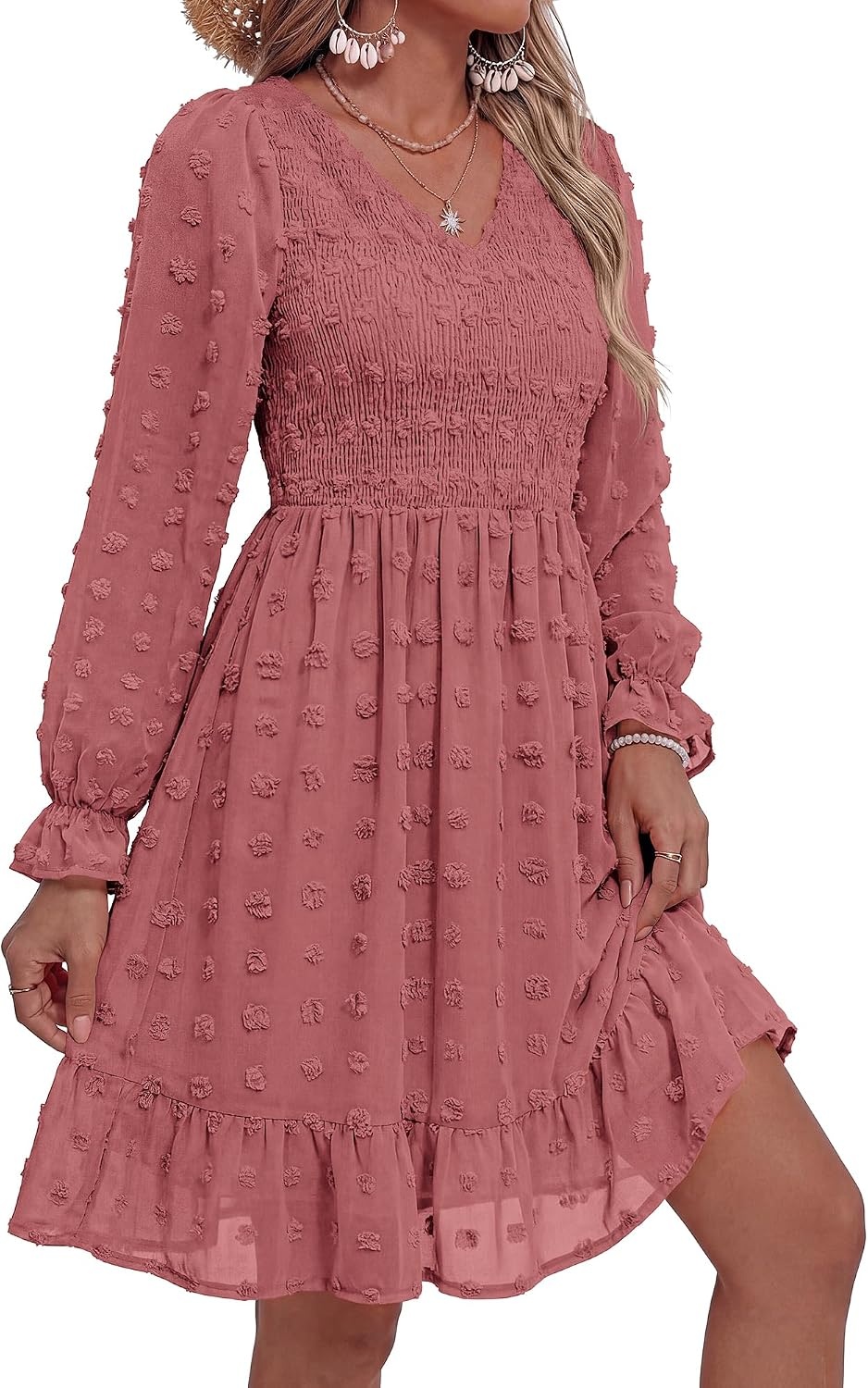 image:imageBTFBM Womens Swiss Dot Flowy Long Sleeve DressBean Paste Red