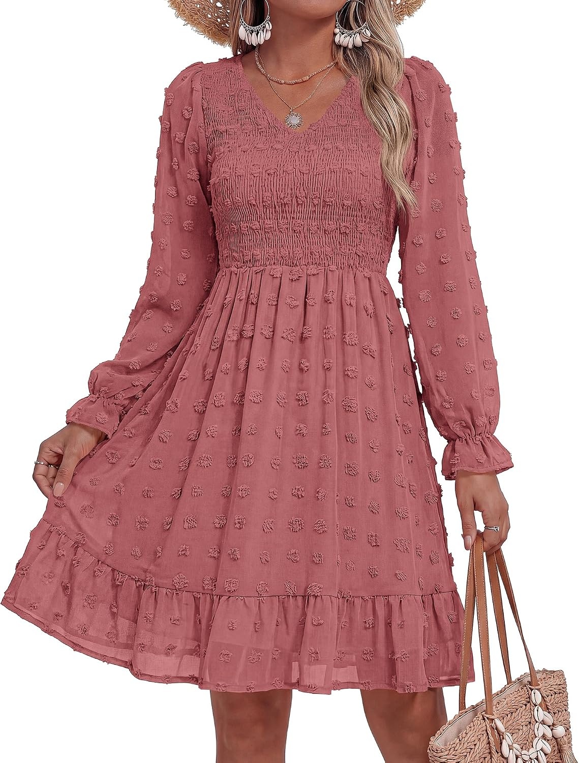 image:imageBTFBM Womens Swiss Dot Flowy Long Sleeve DressBean Paste Red