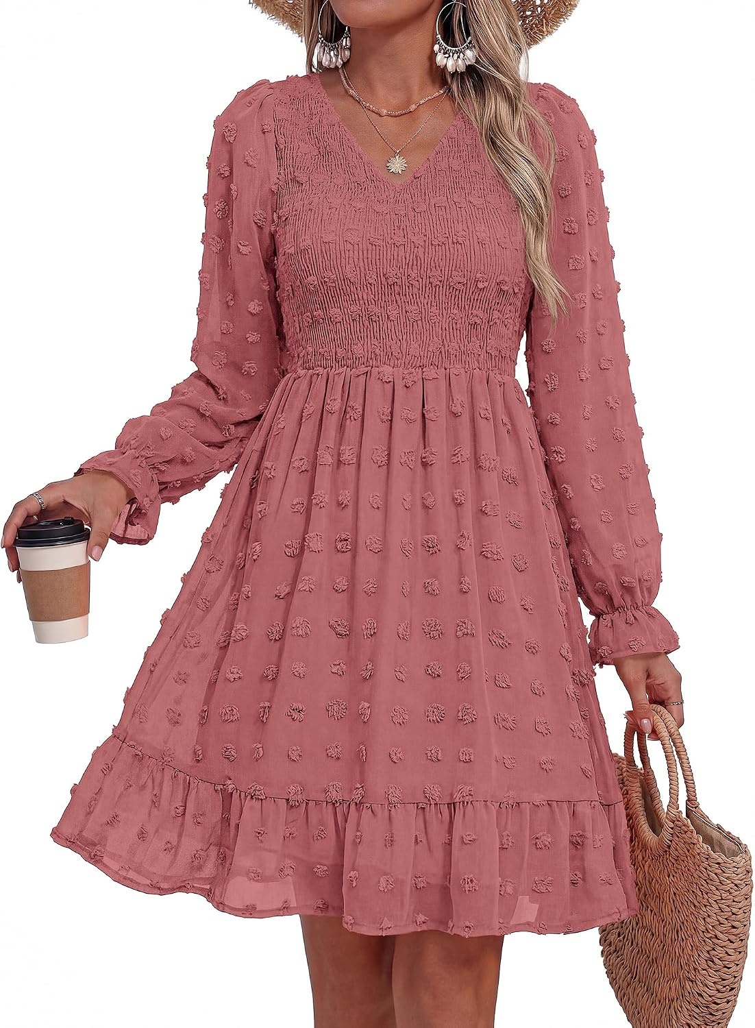 image:imageBTFBM Womens Swiss Dot Flowy Long Sleeve DressBean Paste Red