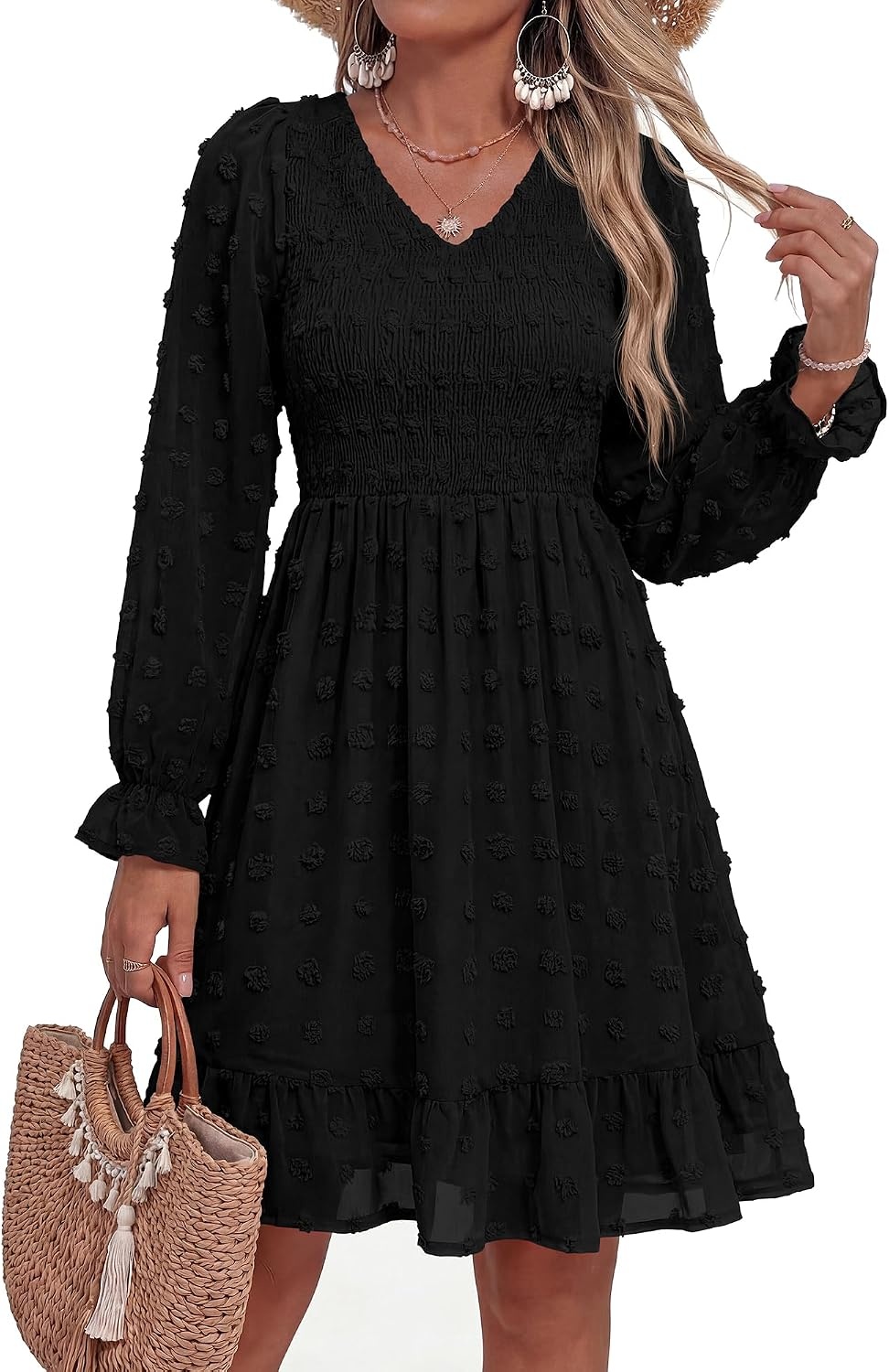 image:imageBTFBM Womens Swiss Dot Flowy Long Sleeve DressBlack
