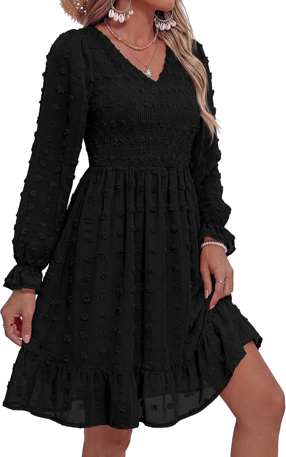 image:imageBTFBM Womens Swiss Dot Flowy Long Sleeve DressBlack