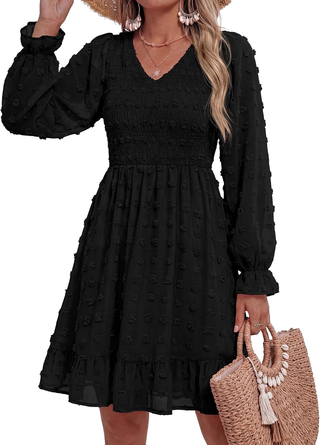 image:imageBTFBM Womens Swiss Dot Flowy Long Sleeve DressBlack
