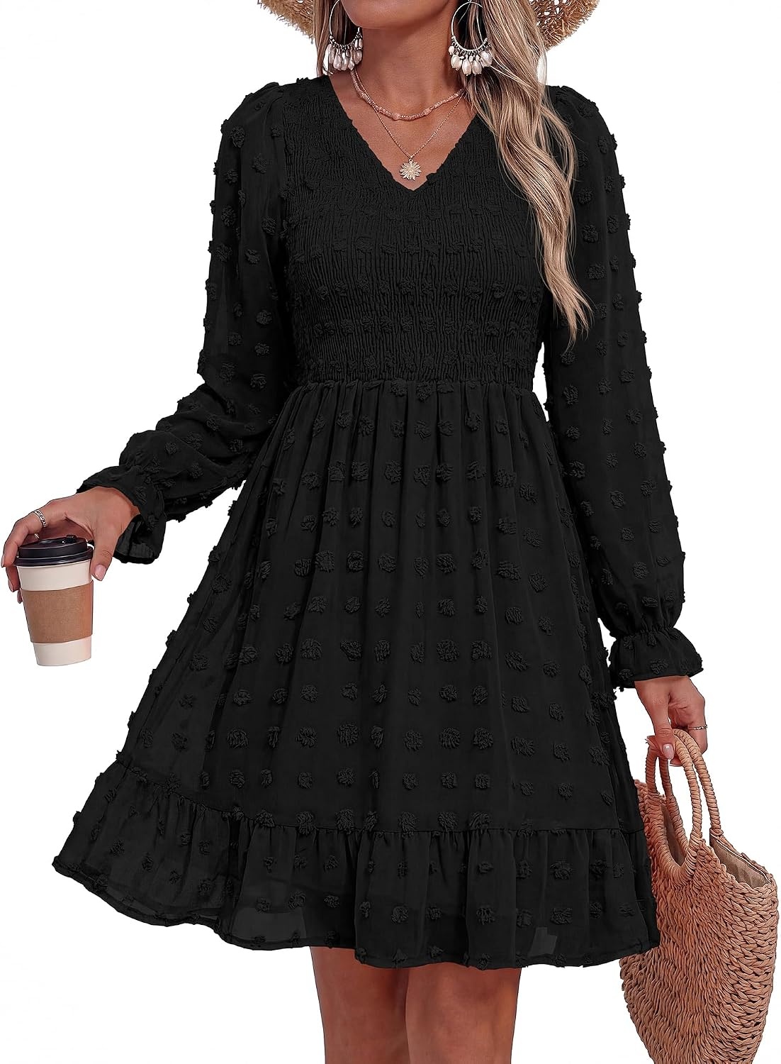 image:imageBTFBM Womens Swiss Dot Flowy Long Sleeve DressBlack