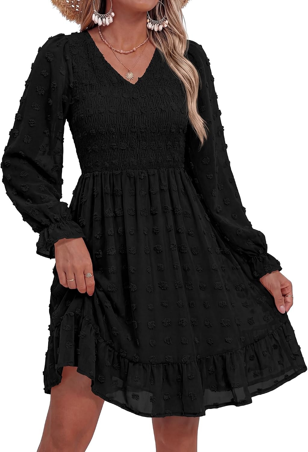 image:imageBTFBM Womens Swiss Dot Flowy Long Sleeve DressBlack
