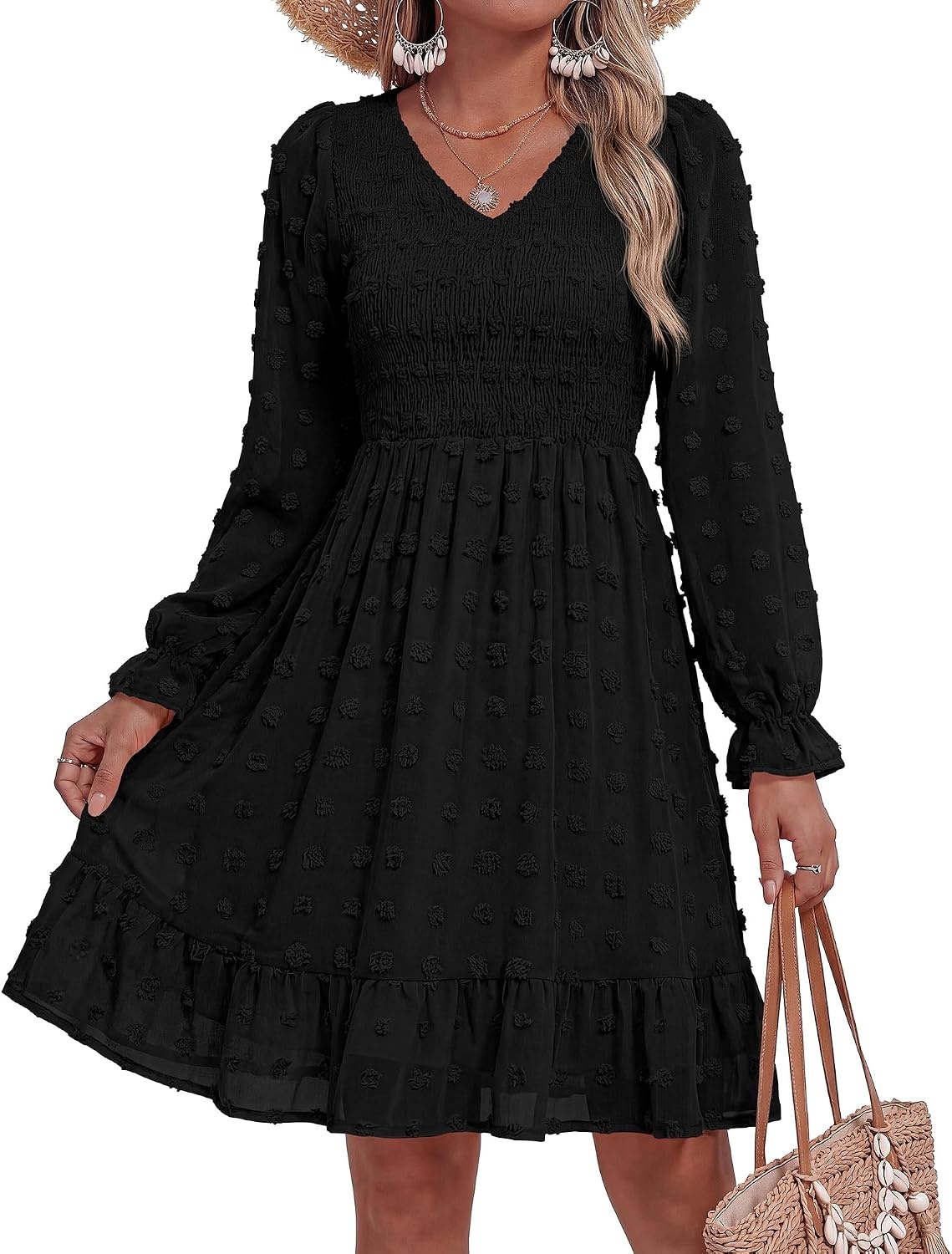 image:imageBTFBM Womens Swiss Dot Flowy Long Sleeve DressBlack
