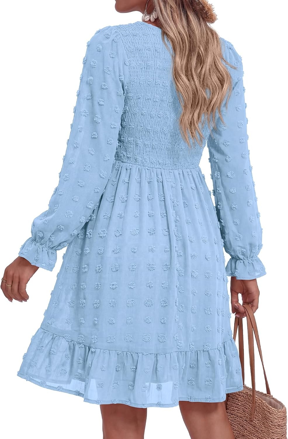 image:imageBTFBM Womens Swiss Dot Flowy Long Sleeve DressBlue