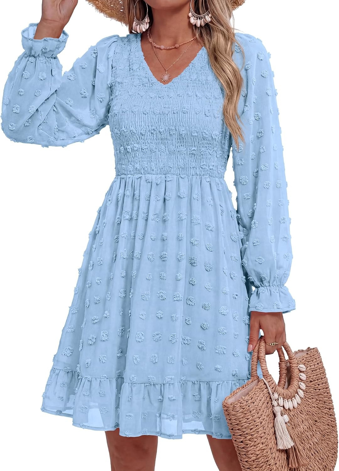 image:imageBTFBM Womens Swiss Dot Flowy Long Sleeve DressBlue