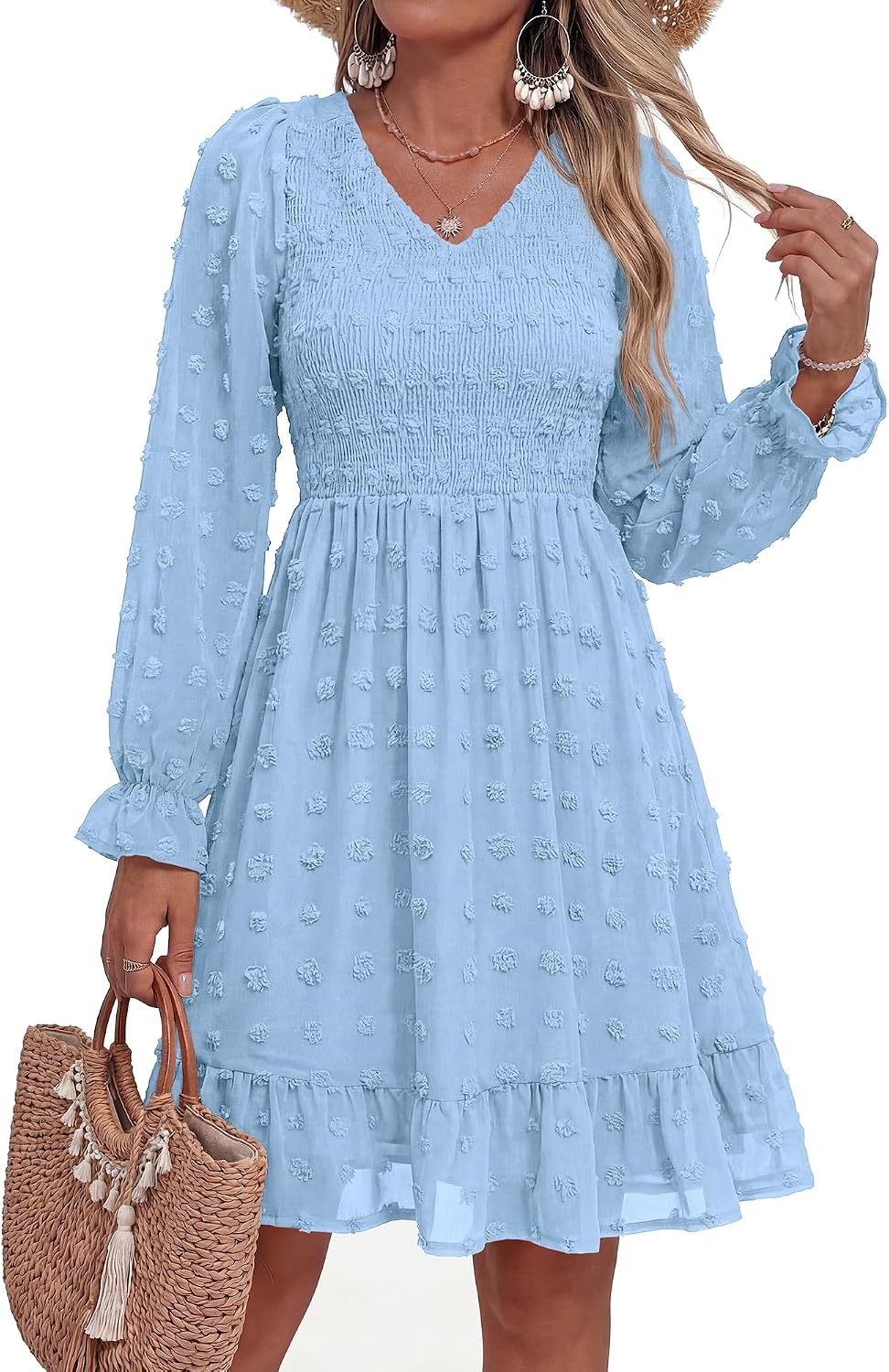 image:imageBTFBM Womens Swiss Dot Flowy Long Sleeve DressBlue