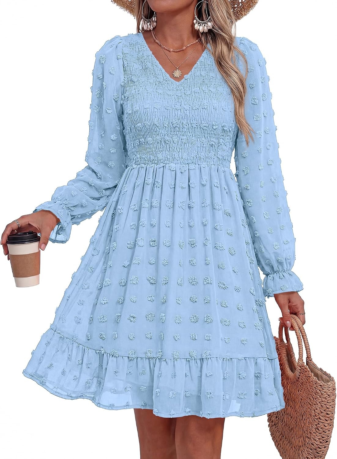 image:imageBTFBM Womens Swiss Dot Flowy Long Sleeve DressBlue