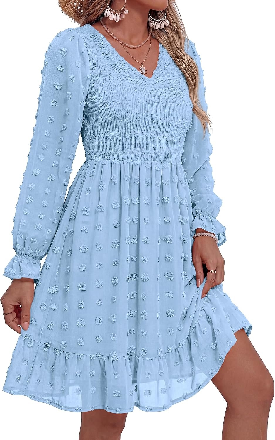 image:imageBTFBM Womens Swiss Dot Flowy Long Sleeve DressBlue