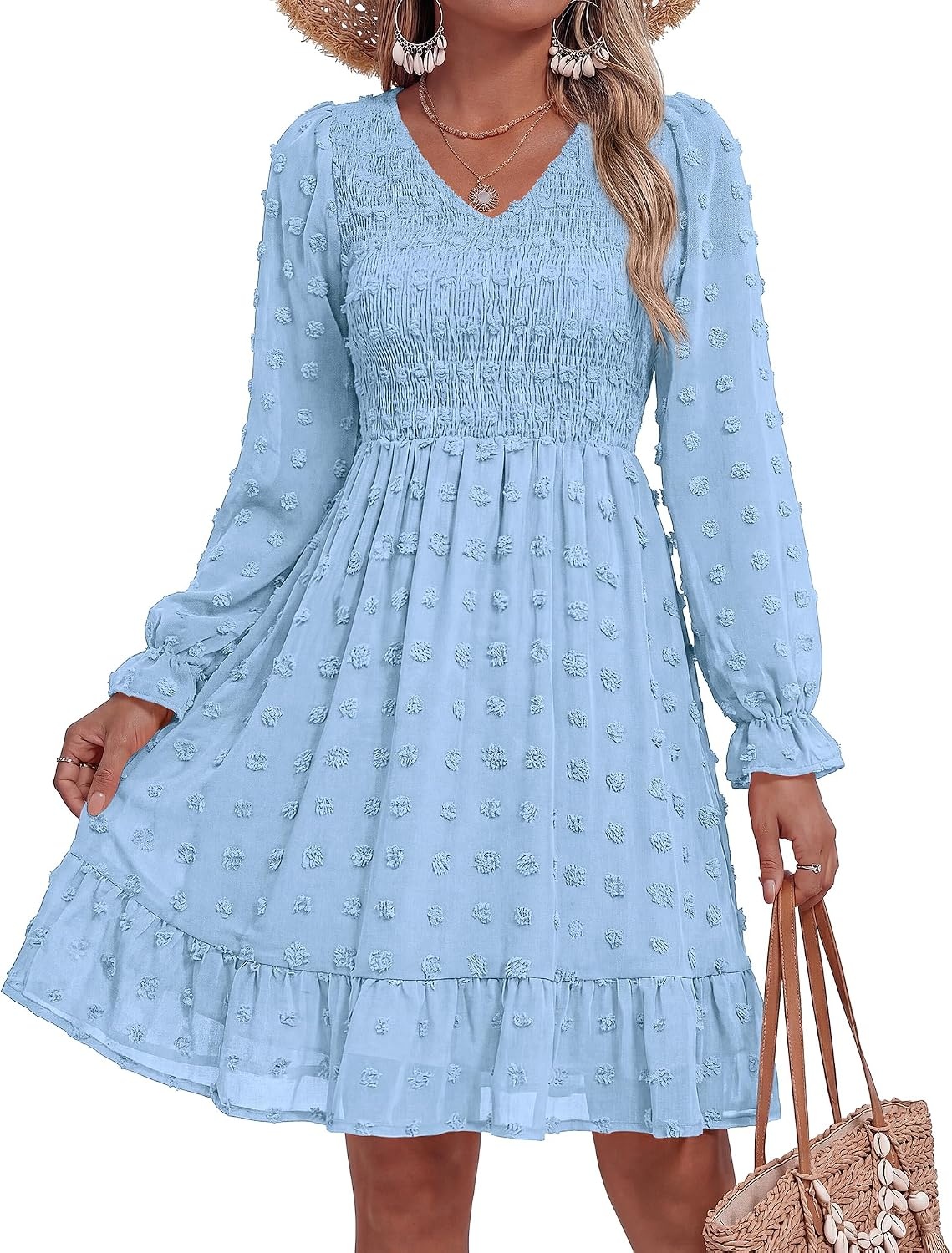 image:imageBTFBM Womens Swiss Dot Flowy Long Sleeve DressBlue