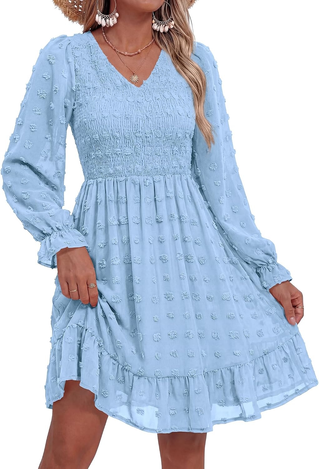 image:imageBTFBM Womens Swiss Dot Flowy Long Sleeve DressBlue