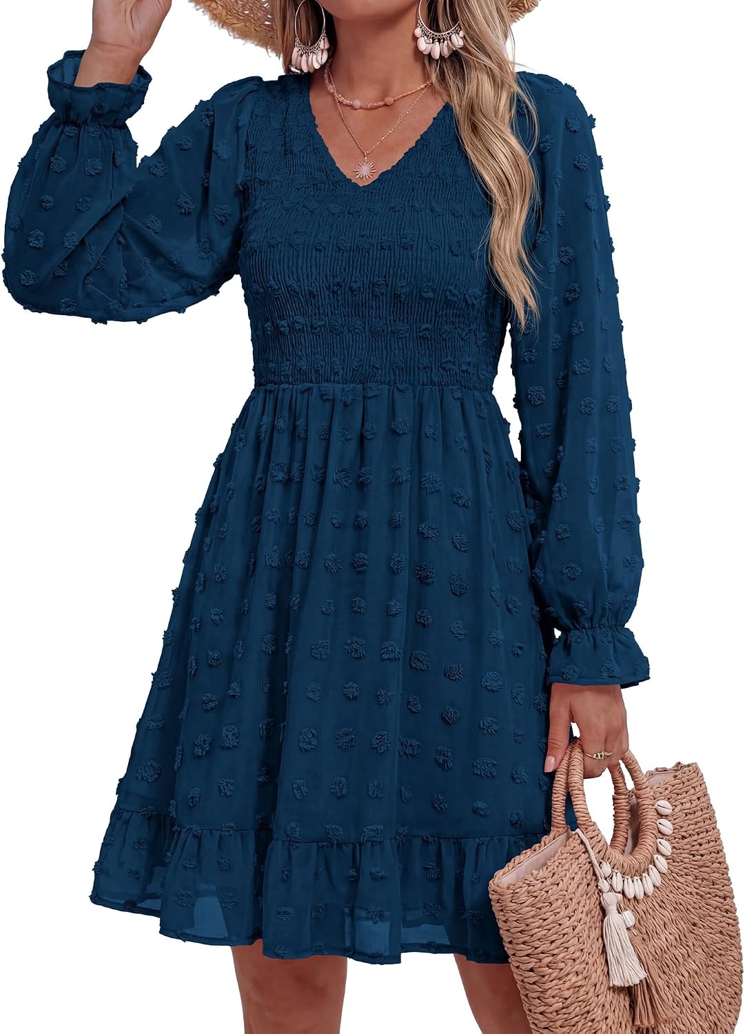 image:imageBTFBM Womens Swiss Dot Flowy Long Sleeve DressDark Blue