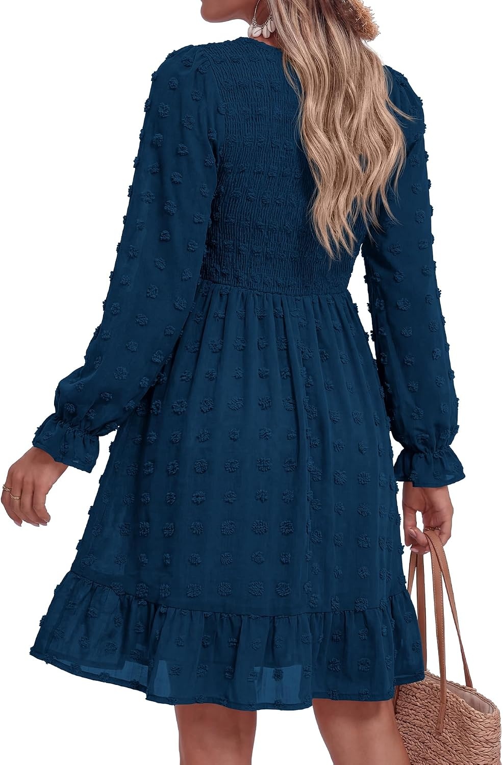 image:imageBTFBM Womens Swiss Dot Flowy Long Sleeve DressDark Blue