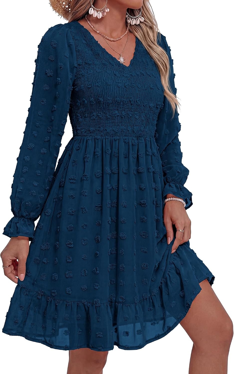 image:imageBTFBM Womens Swiss Dot Flowy Long Sleeve DressDark Blue