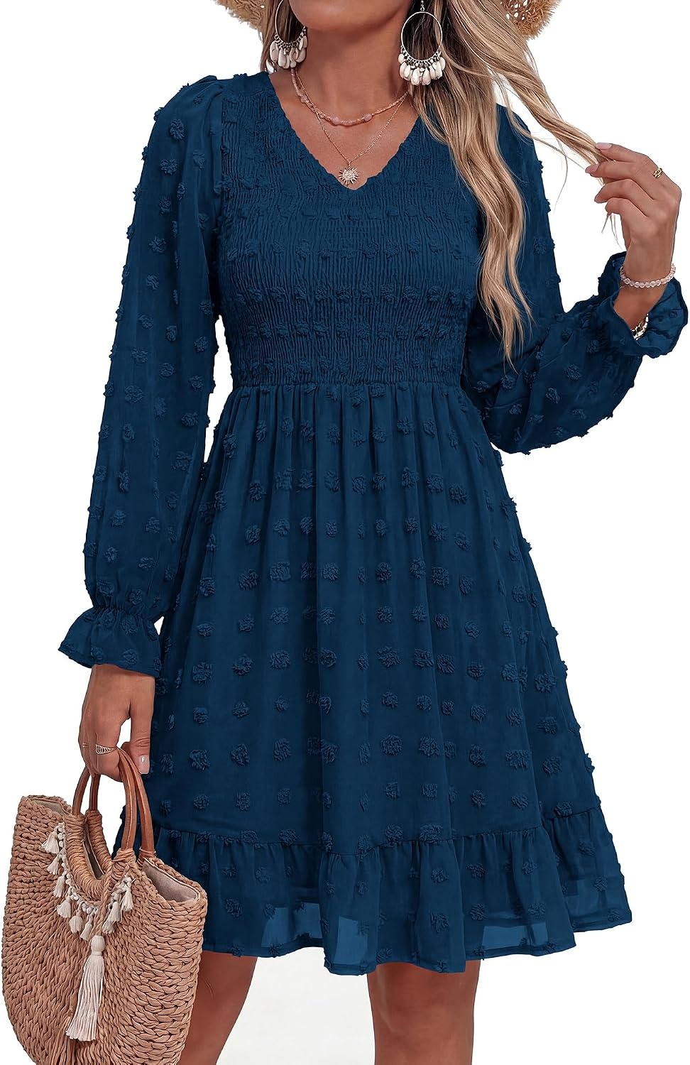 image:imageBTFBM Womens Swiss Dot Flowy Long Sleeve DressDark Blue