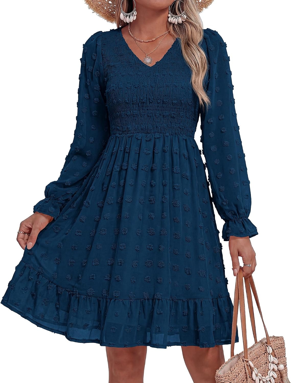 image:imageBTFBM Womens Swiss Dot Flowy Long Sleeve DressDark Blue