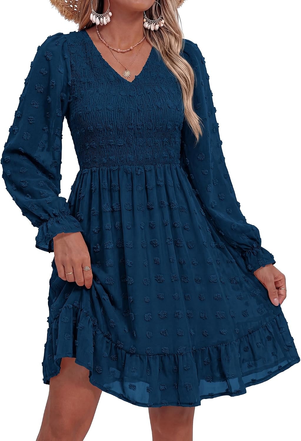 image:imageBTFBM Womens Swiss Dot Flowy Long Sleeve DressDark Blue