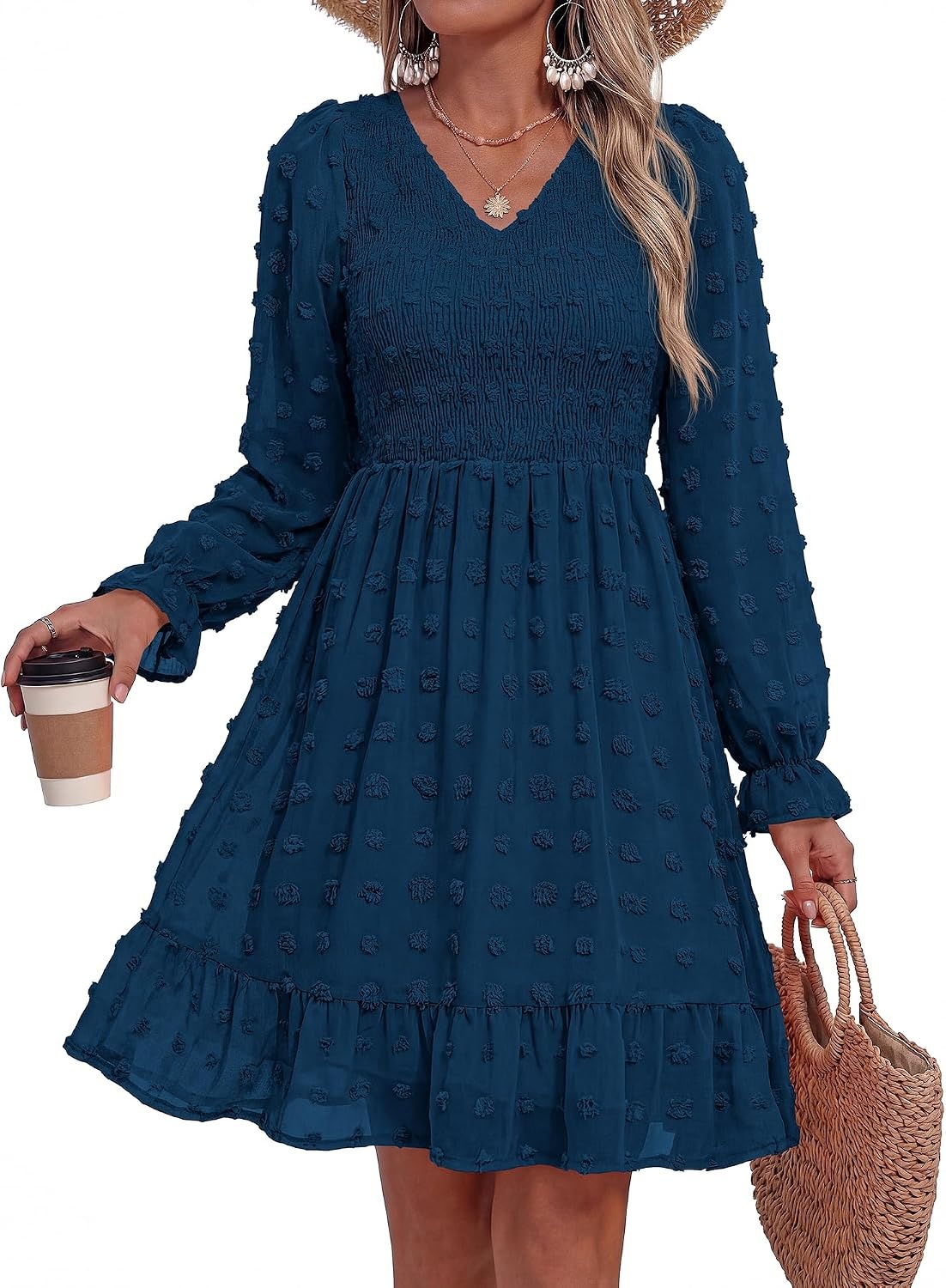 image:imageBTFBM Womens Swiss Dot Flowy Long Sleeve DressDark Blue