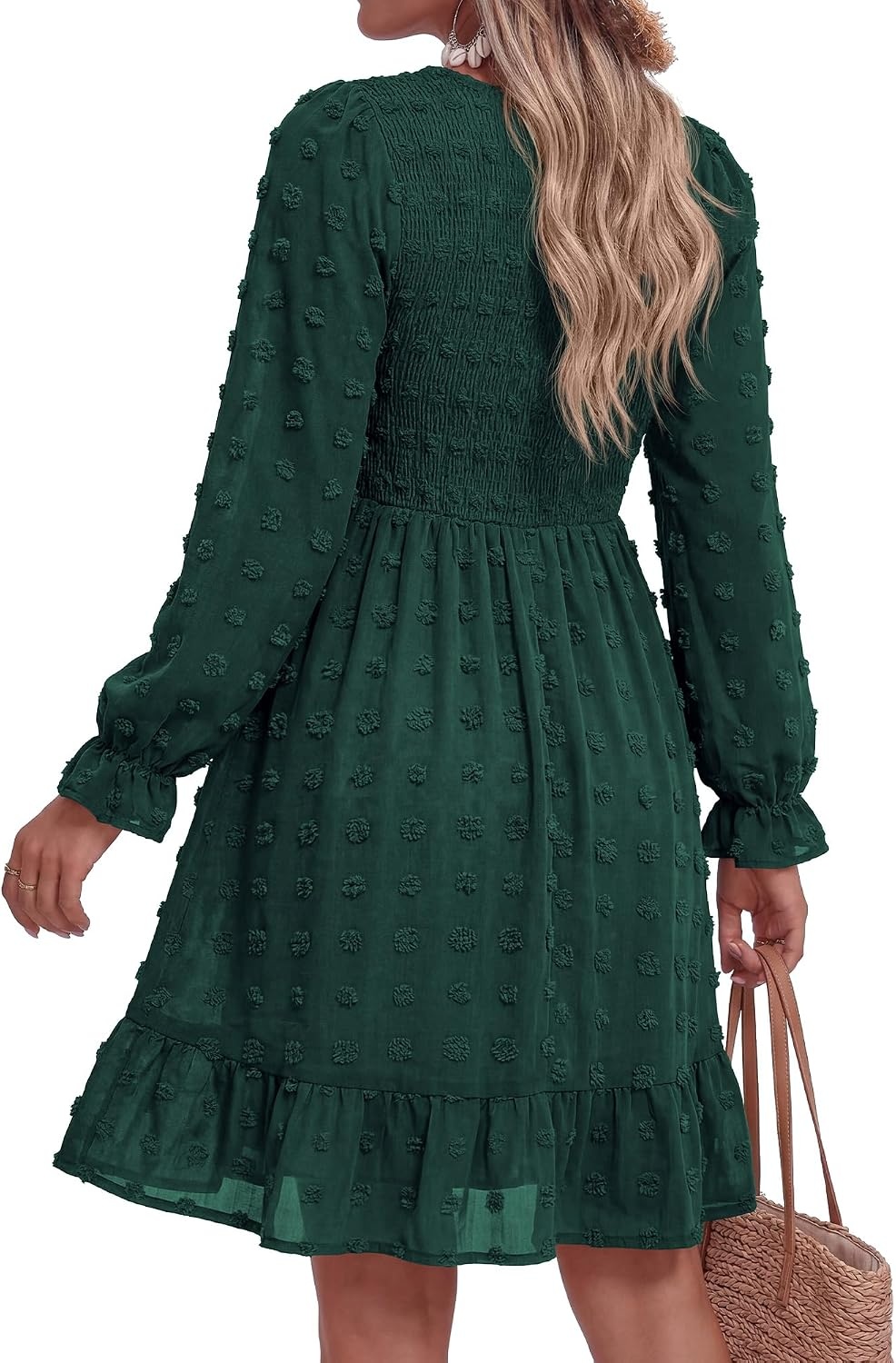 image:imageBTFBM Womens Swiss Dot Flowy Long Sleeve DressDark Green