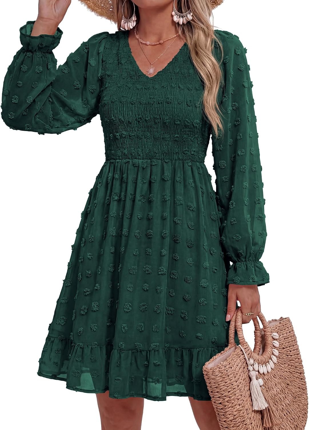 image:imageBTFBM Womens Swiss Dot Flowy Long Sleeve DressDark Green