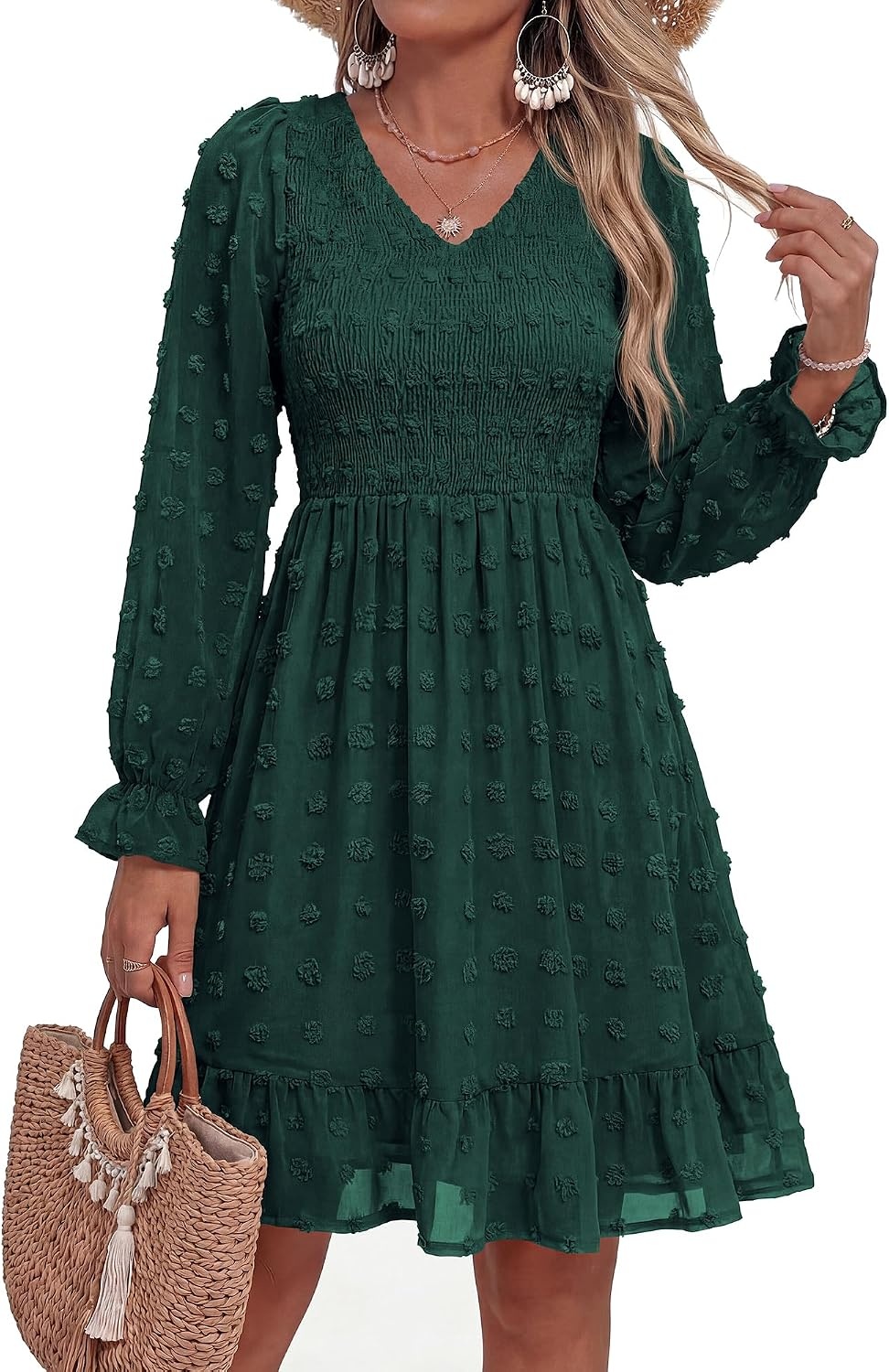 image:imageBTFBM Womens Swiss Dot Flowy Long Sleeve DressDark Green