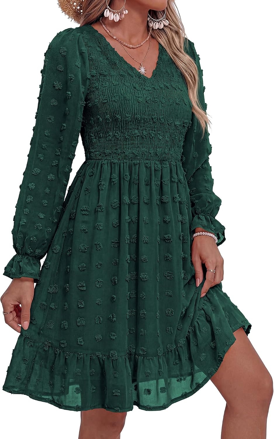 image:imageBTFBM Womens Swiss Dot Flowy Long Sleeve DressDark Green