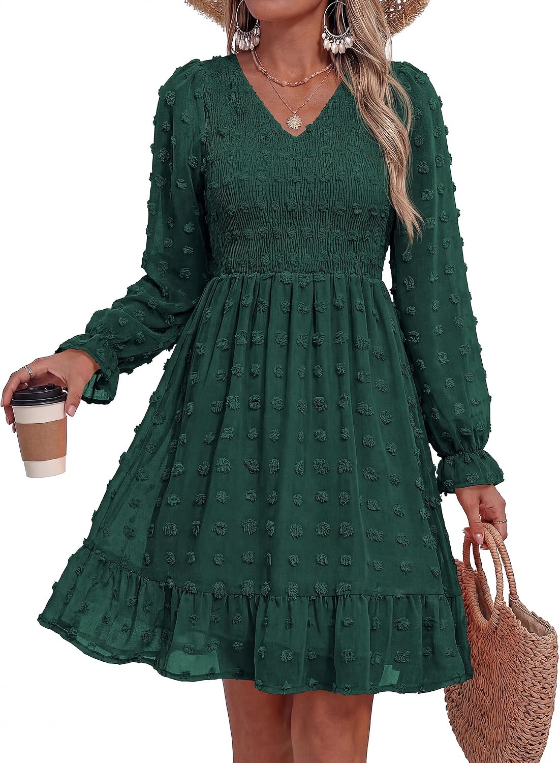 image:imageBTFBM Womens Swiss Dot Flowy Long Sleeve DressDark Green