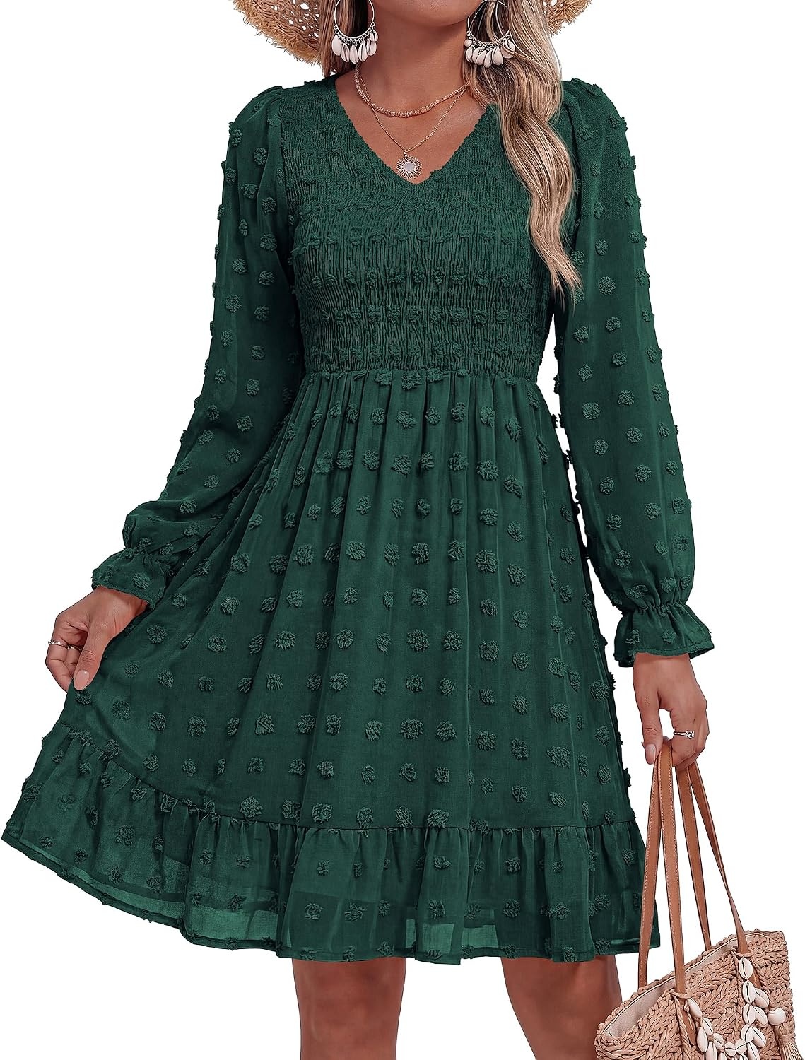 image:imageBTFBM Womens Swiss Dot Flowy Long Sleeve DressDark Green