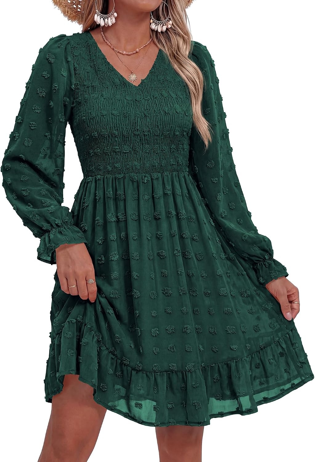 image:imageBTFBM Womens Swiss Dot Flowy Long Sleeve DressDark Green