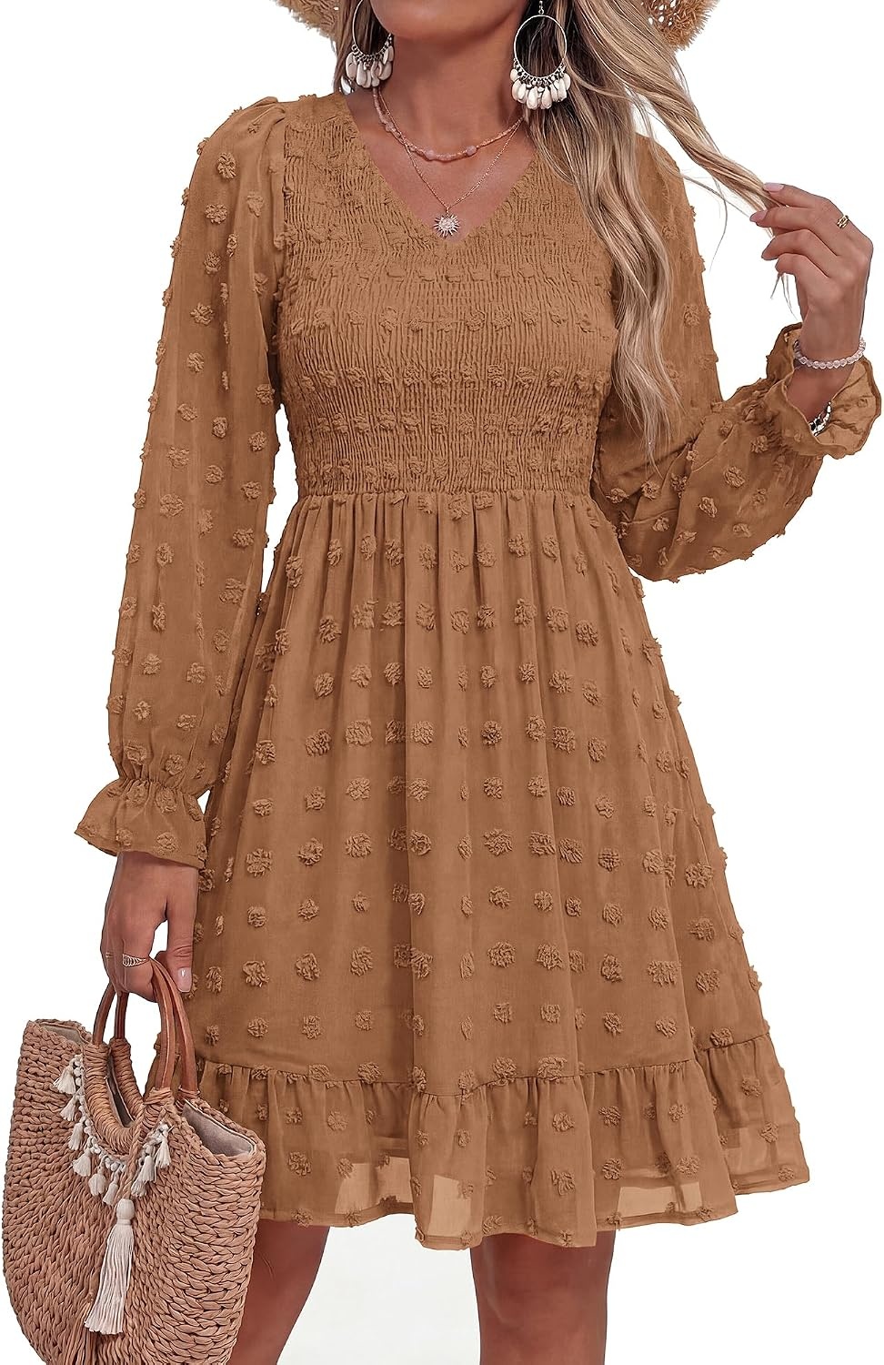 image:imageBTFBM Womens Swiss Dot Flowy Long Sleeve DressKhaki