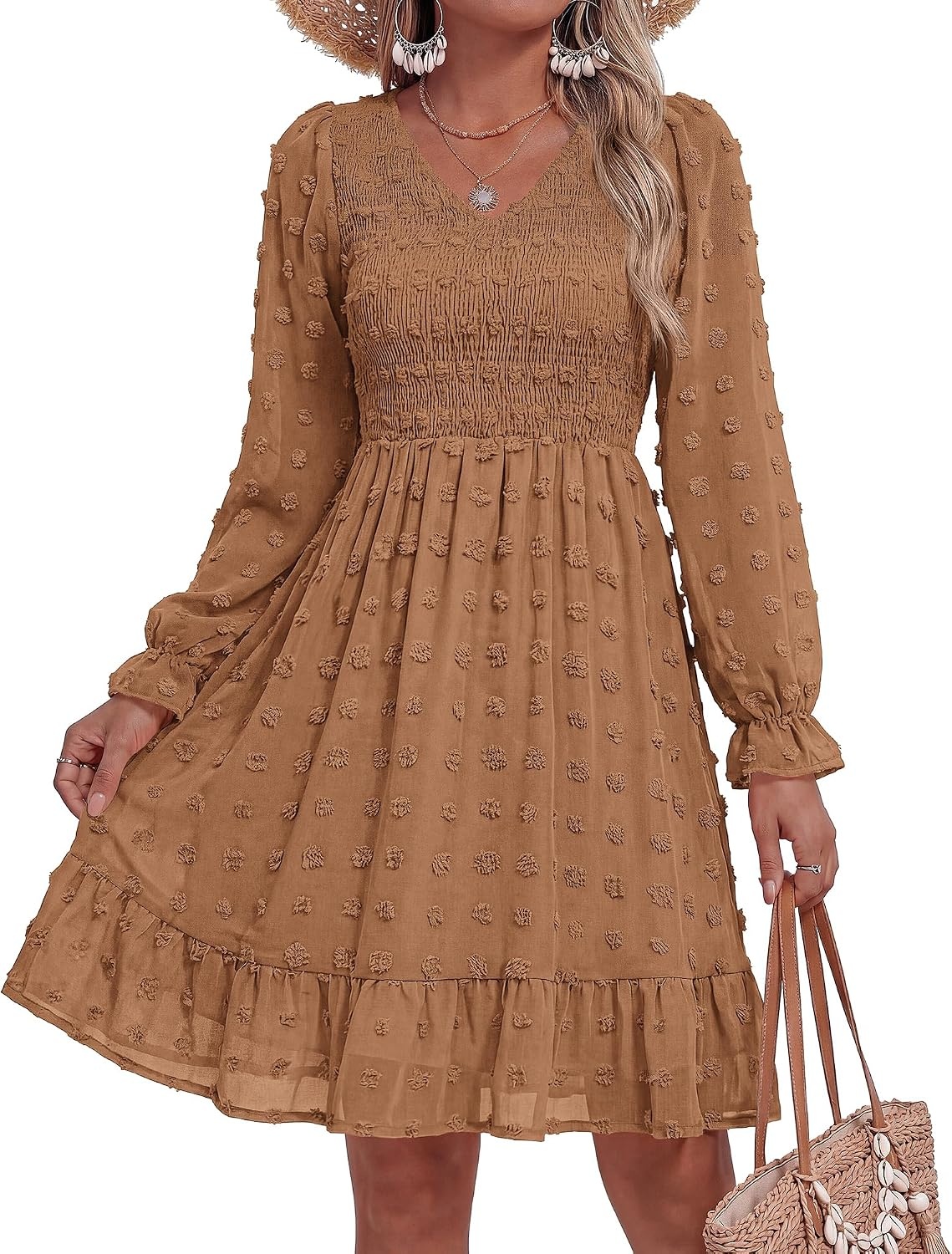 image:imageBTFBM Womens Swiss Dot Flowy Long Sleeve DressKhaki