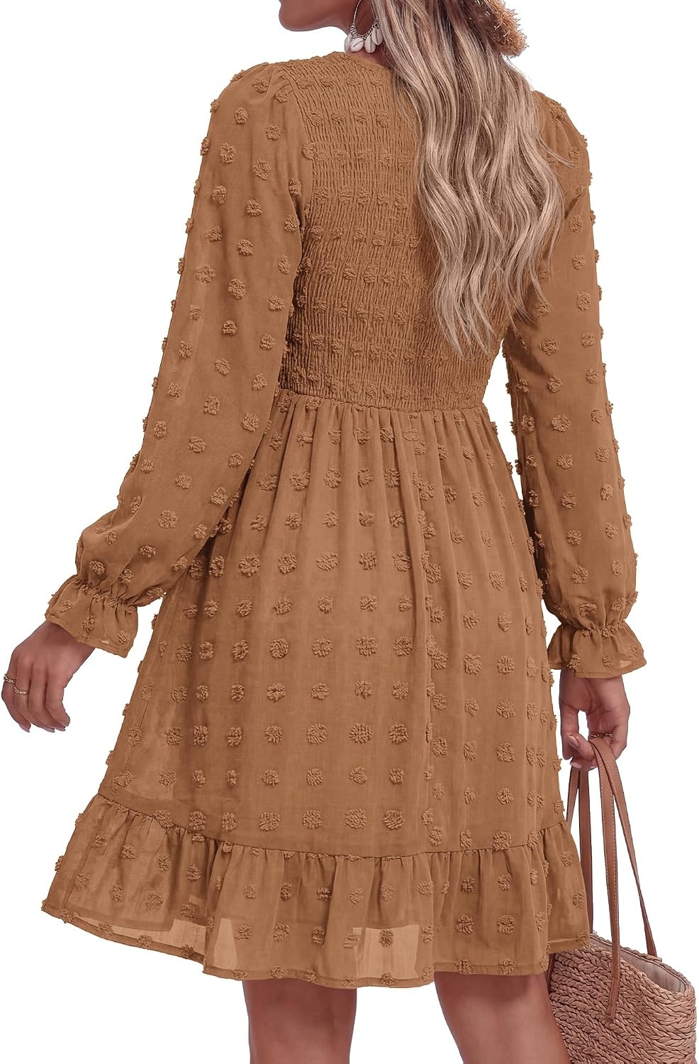 image:imageBTFBM Womens Swiss Dot Flowy Long Sleeve DressKhaki