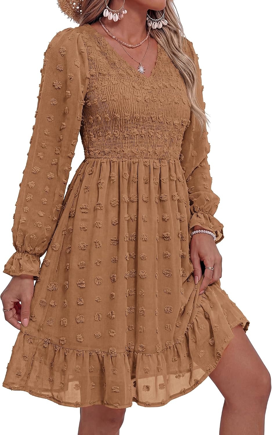 image:imageBTFBM Womens Swiss Dot Flowy Long Sleeve DressKhaki
