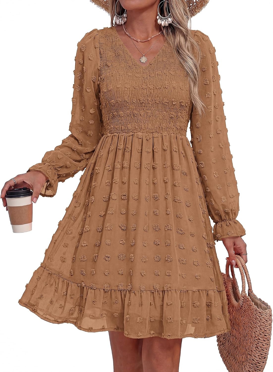 image:imageBTFBM Womens Swiss Dot Flowy Long Sleeve DressKhaki