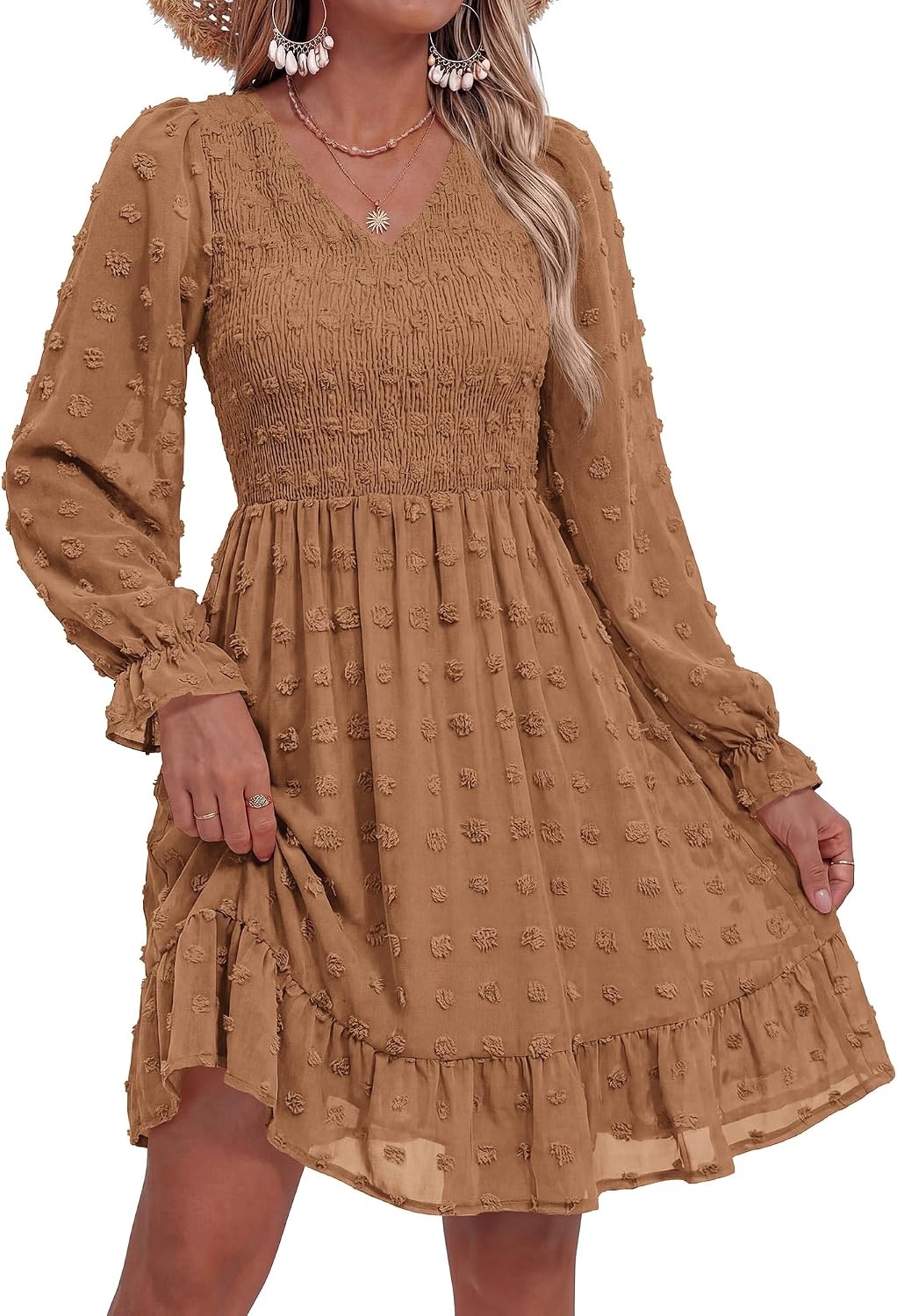image:imageBTFBM Womens Swiss Dot Flowy Long Sleeve DressKhaki