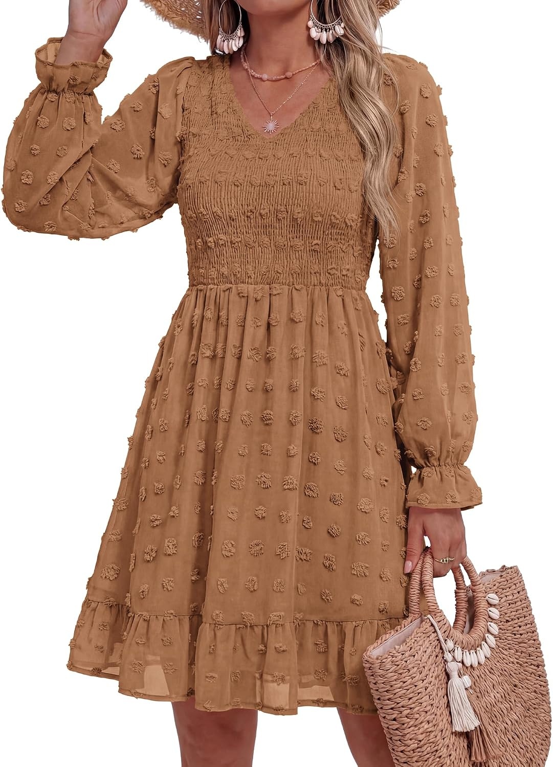 image:imageBTFBM Womens Swiss Dot Flowy Long Sleeve DressKhaki
