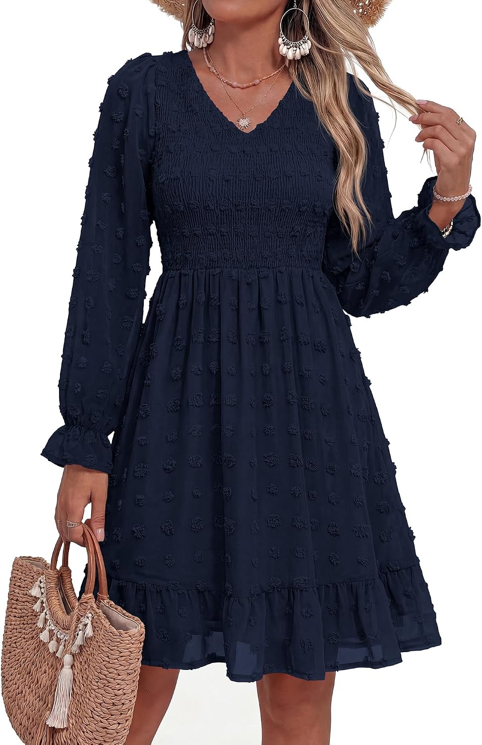 image:imageBTFBM Womens Swiss Dot Flowy Long Sleeve DressNavy