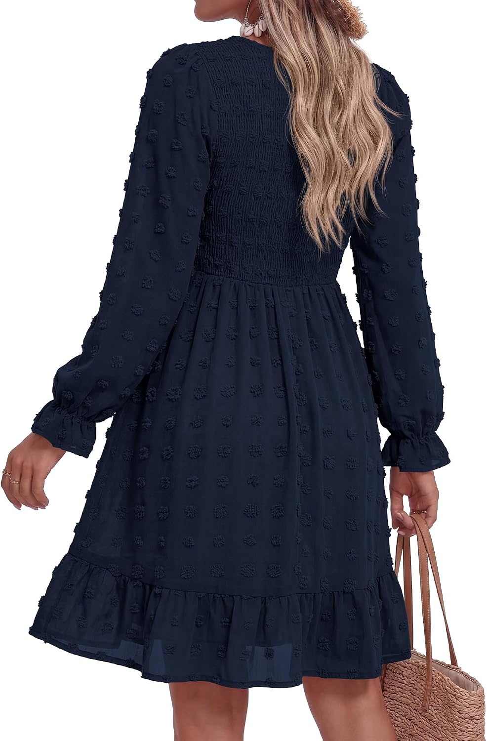 image:imageBTFBM Womens Swiss Dot Flowy Long Sleeve DressNavy