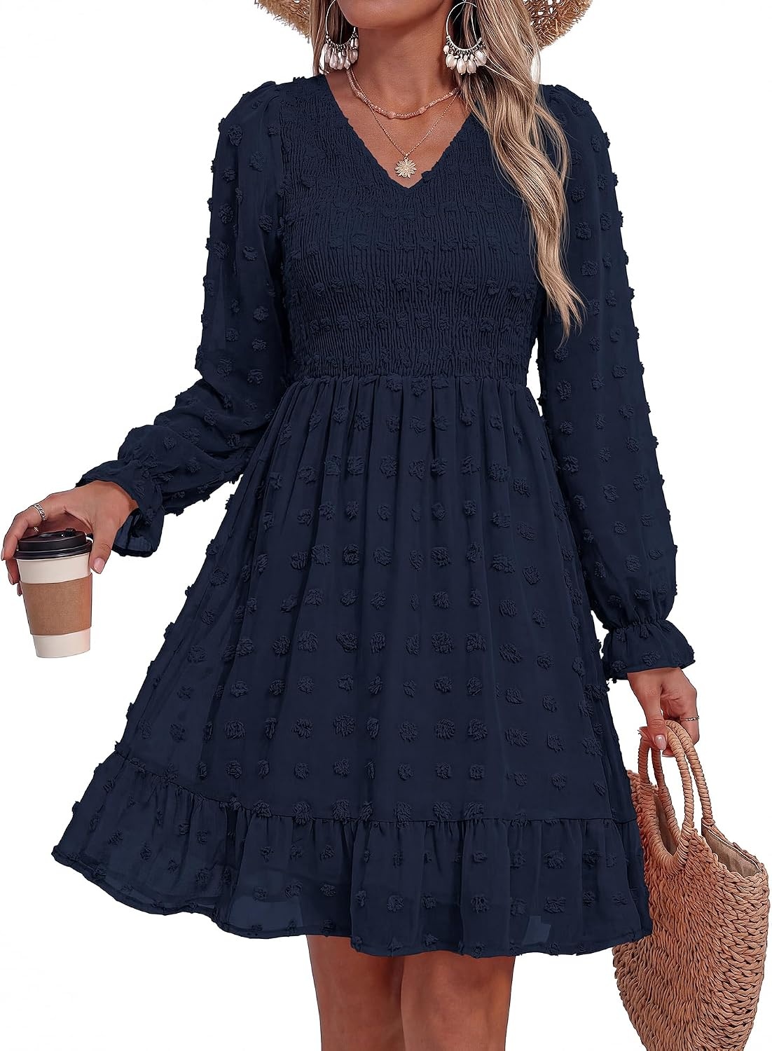 image:imageBTFBM Womens Swiss Dot Flowy Long Sleeve DressNavy