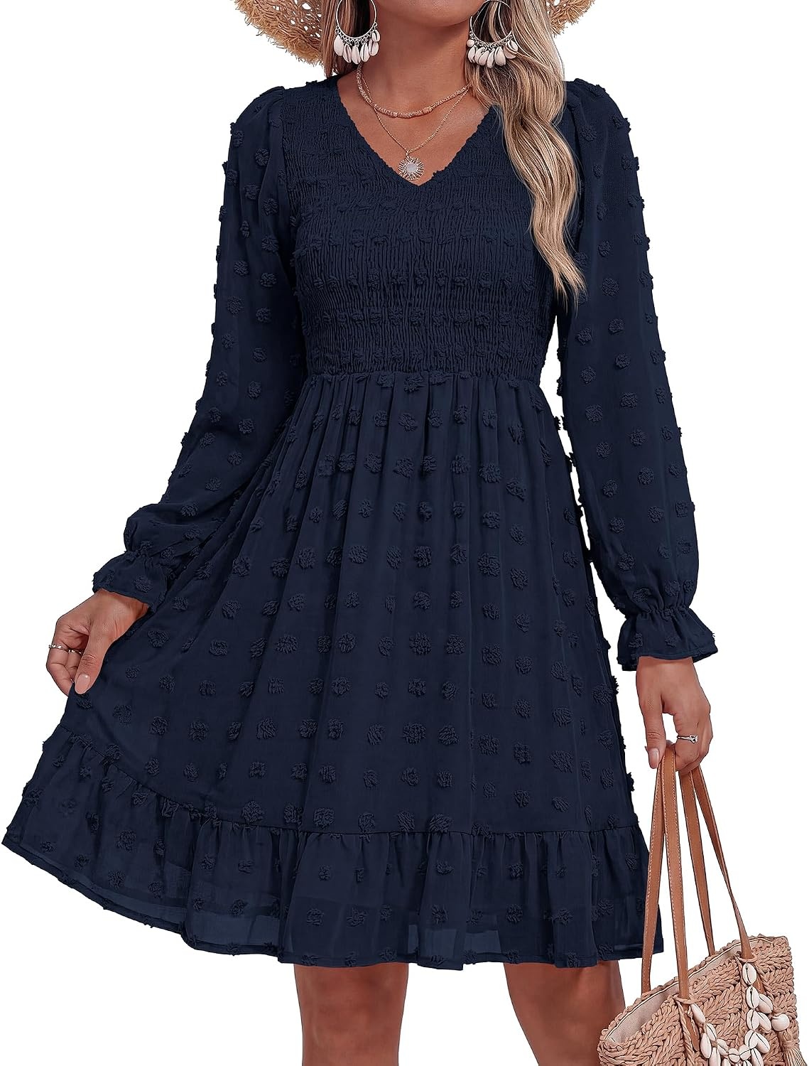 image:imageBTFBM Womens Swiss Dot Flowy Long Sleeve DressNavy