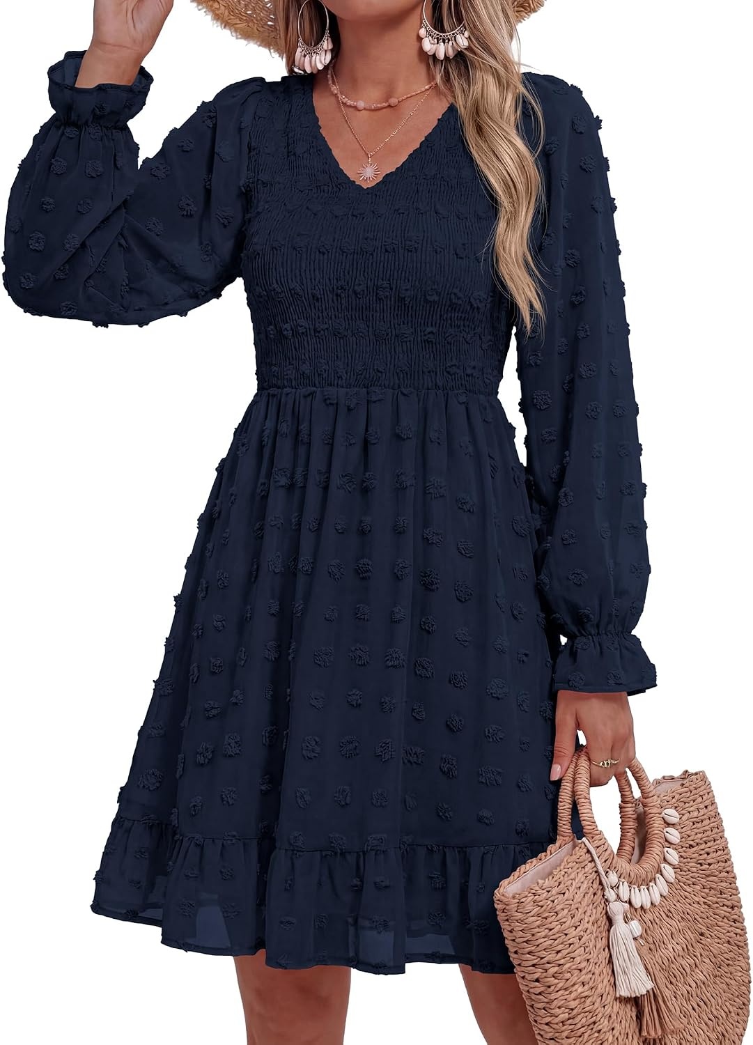 image:imageBTFBM Womens Swiss Dot Flowy Long Sleeve DressNavy