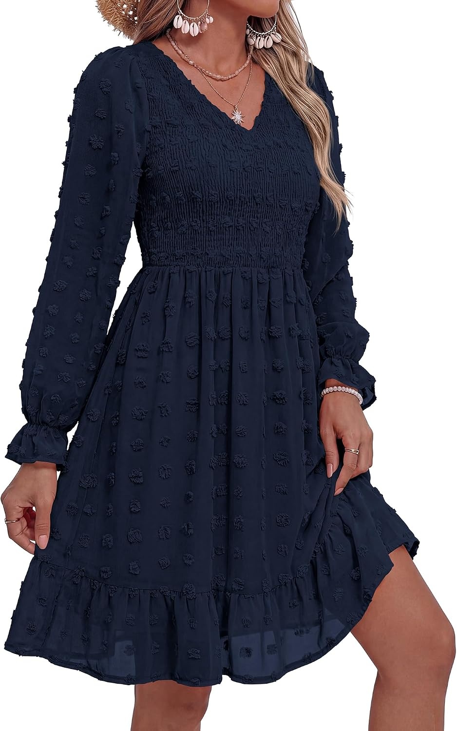 image:imageBTFBM Womens Swiss Dot Flowy Long Sleeve DressNavy