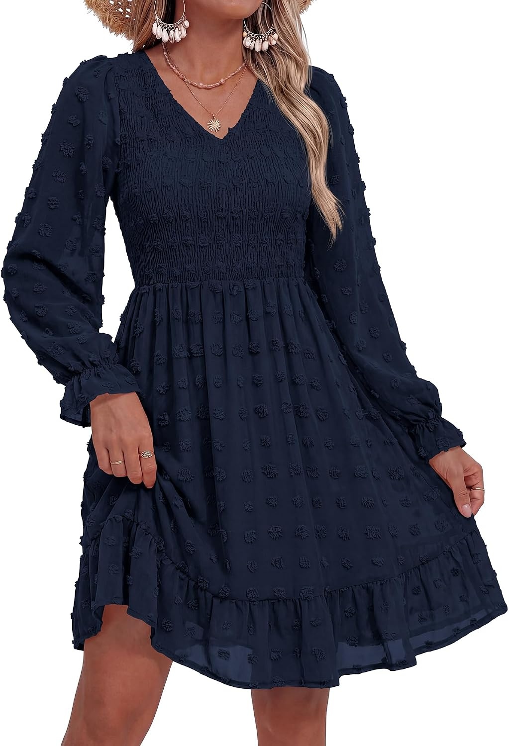 image:imageBTFBM Womens Swiss Dot Flowy Long Sleeve DressNavy