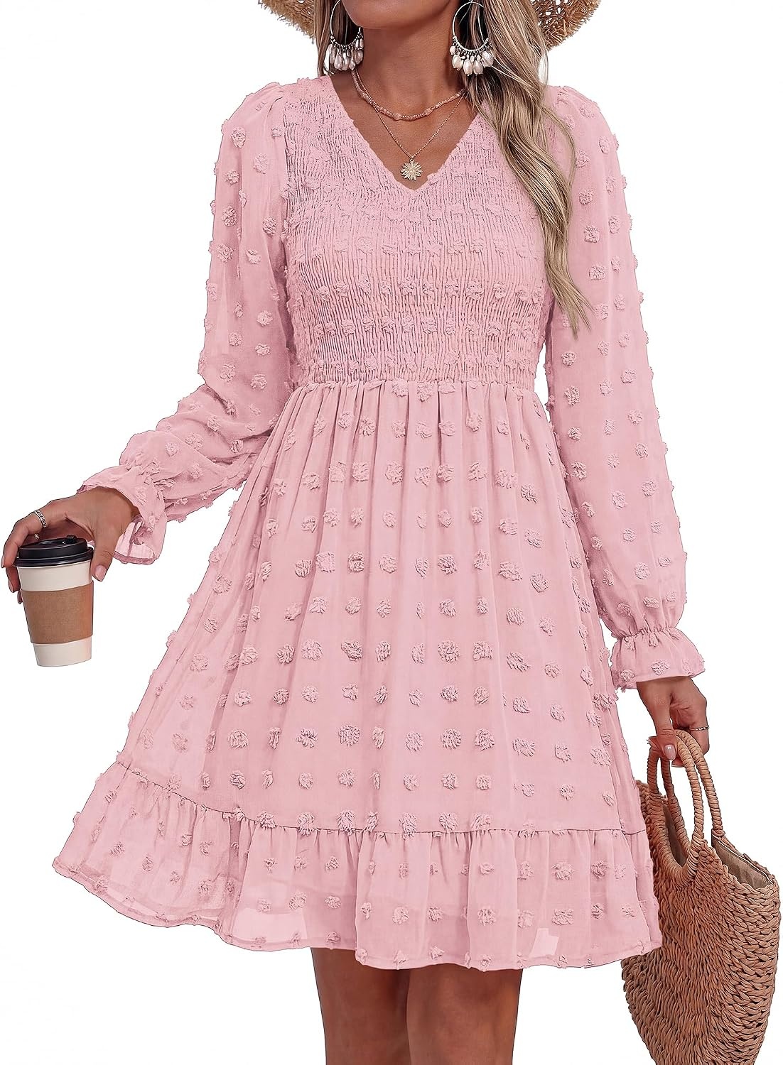 image:imageBTFBM Womens Swiss Dot Flowy Long Sleeve DressPink
