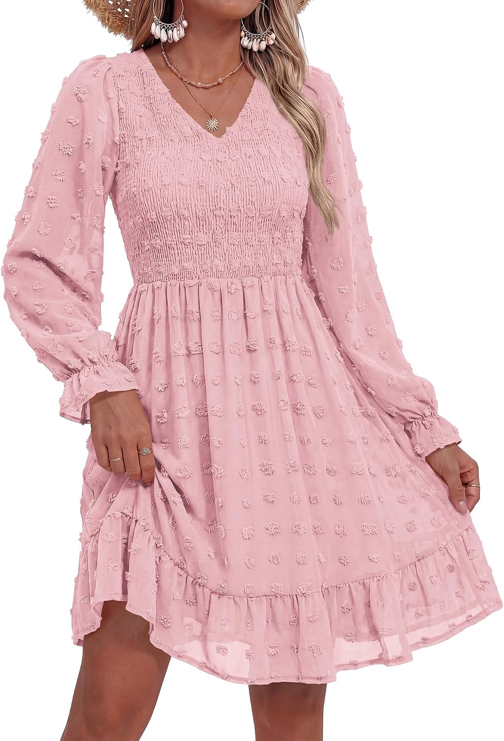 image:imageBTFBM Womens Swiss Dot Flowy Long Sleeve DressPink