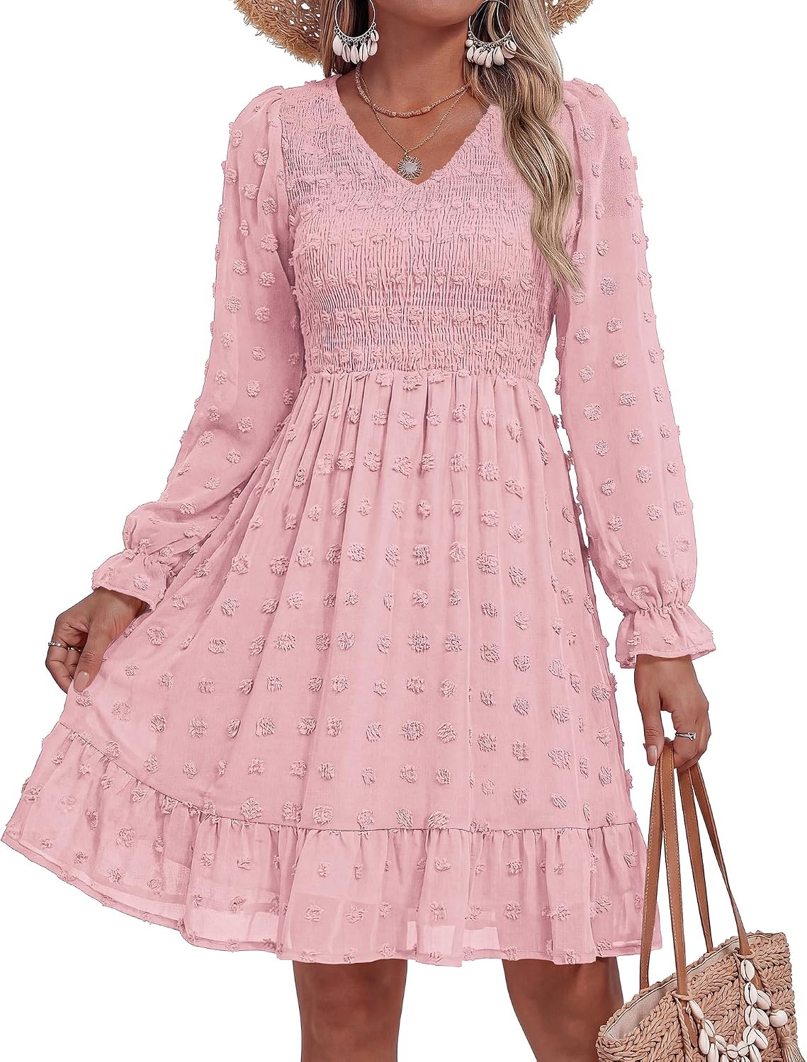 image:imageBTFBM Womens Swiss Dot Flowy Long Sleeve DressPink
