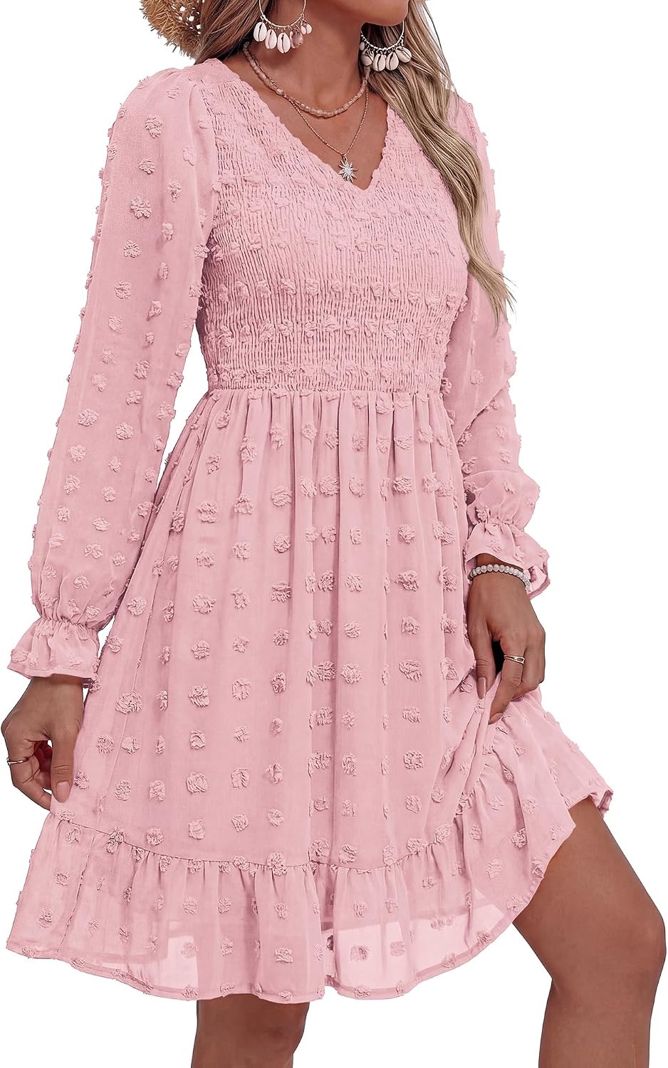 image:imageBTFBM Womens Swiss Dot Flowy Long Sleeve DressPink