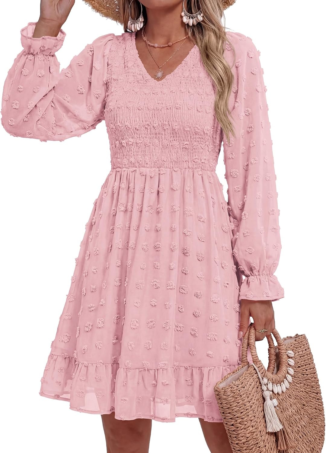 image:imageBTFBM Womens Swiss Dot Flowy Long Sleeve DressPink