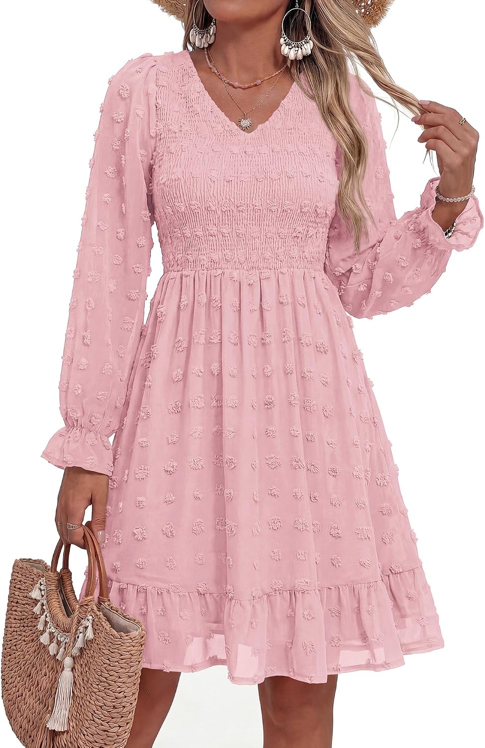 image:imageBTFBM Womens Swiss Dot Flowy Long Sleeve DressPink